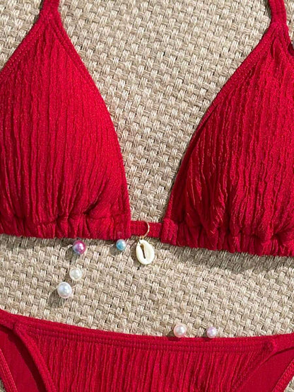 Women's Textured Halter Tie Bikini Set - Knot, Tie Side, High Waist, Blue