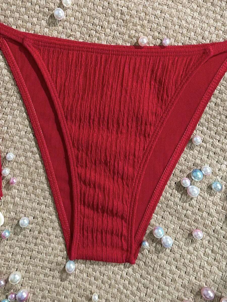 Women's Textured Halter Tie Bikini Set - Knot, Tie Side, High Waist, Blue