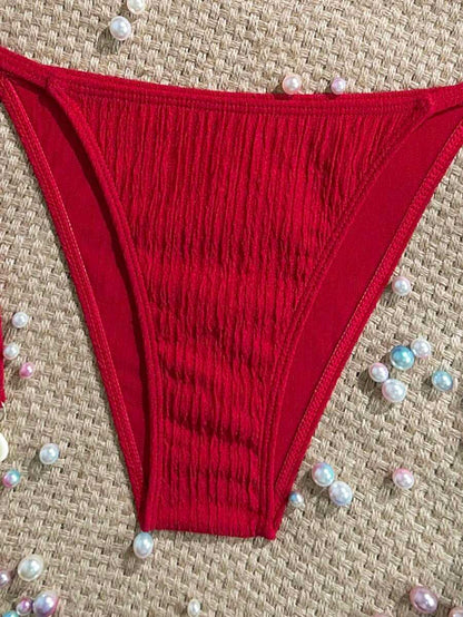 Women's Textured Halter Tie Bikini Set - Knot, Tie Side, High Waist, Blue