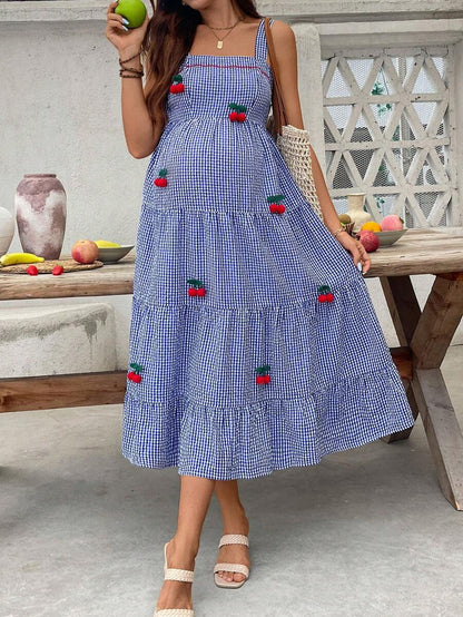 Maternity Cherry Decor Plaid Ruffle Hem Camisole Dress Picnic Dress For Woman Summer Maternity Dress Cherry Dress Women Midi Summer Dress Casual Sundress