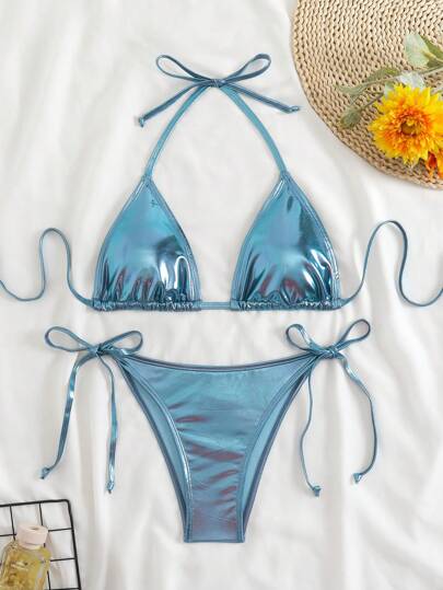 Swim Vcay Solid Color Halter Twist Split Bikini Set For Summer Beach Vacation