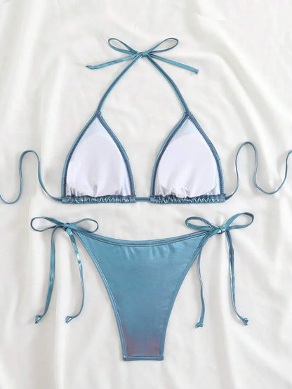 Swim Vcay Solid Color Halter Twist Split Bikini Set For Summer Beach Vacation