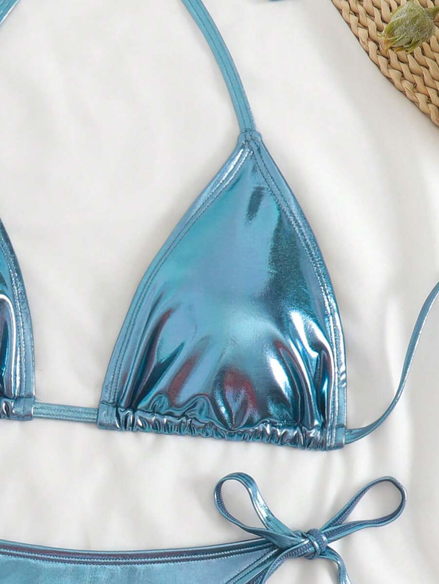 Swim Vcay Summer Beach Metallic Halter Triangle Tie Side Bikini Set