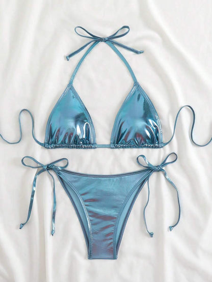 Swim Vcay Solid Color Halter Twist Split Bikini Set For Summer Beach Vacation
