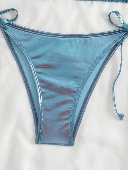 Swim Vcay Solid Color Halter Twist Split Bikini Set For Summer Beach Vacation