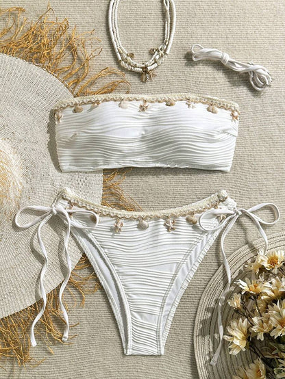 Women's 2-Piece Textured Bandeau Bikini Set - Shell Strap, Tie Side, Lace Up, White