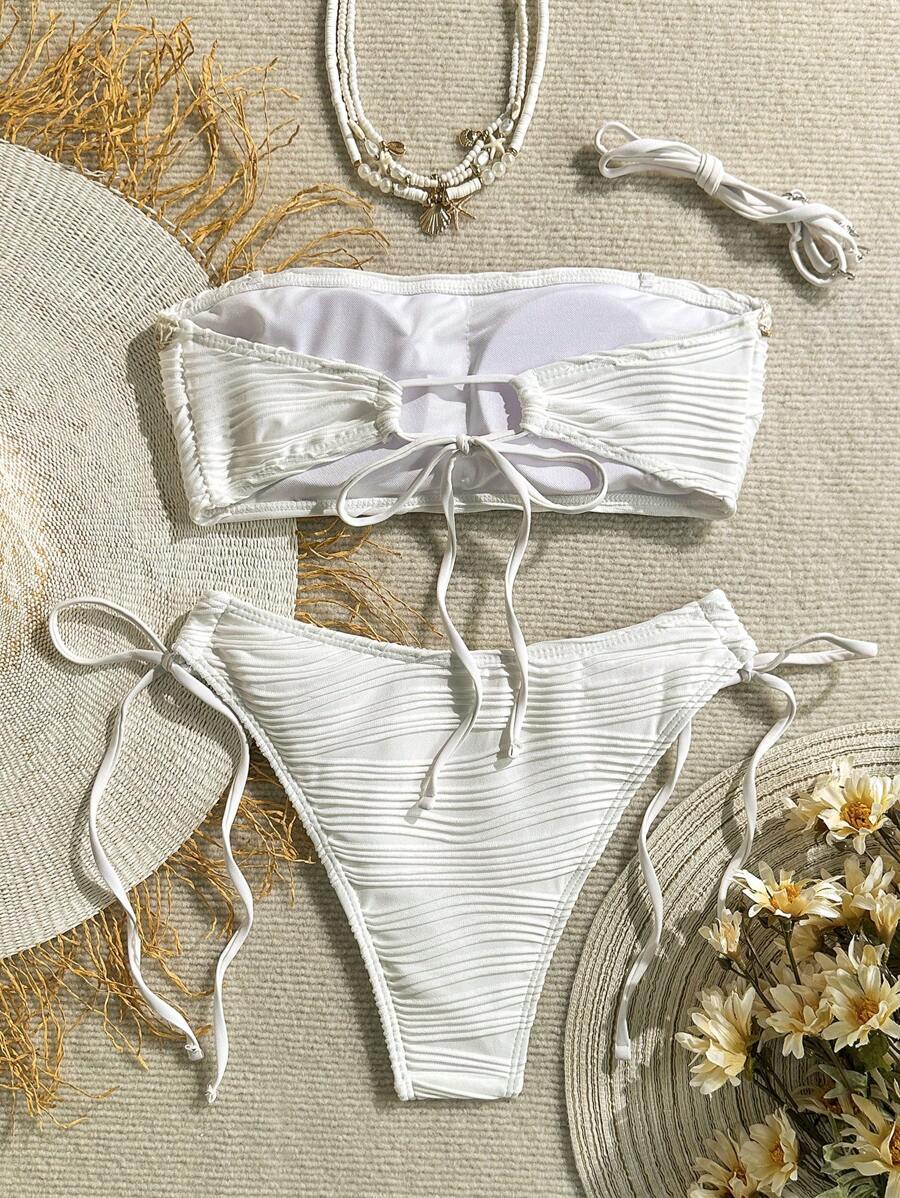 Women's 2-Piece Textured Bandeau Bikini Set - Shell Strap, Tie Side, Lace Up, White