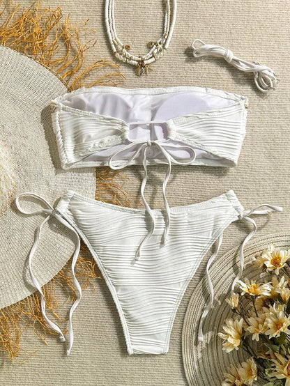 Women's 2-Piece Textured Bandeau Bikini Set - Shell Strap, Tie Side, Lace Up, White