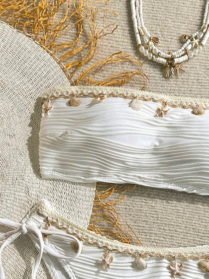 Women's 2-Piece Textured Bandeau Bikini Set - Shell Strap, Tie Side, Lace Up, White
