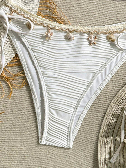 Women's 2-Piece Textured Bandeau Bikini Set - Shell Strap, Tie Side, Lace Up, White