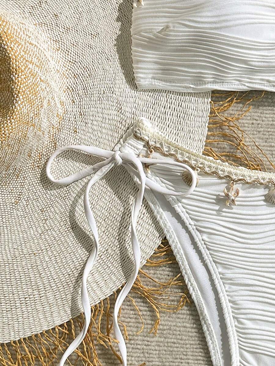 Women's 2-Piece Textured Bandeau Bikini Set - Shell Strap, Tie Side, Lace Up, White