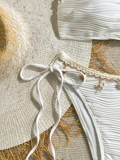 Women's 2-Piece Textured Bandeau Bikini Set - Shell Strap, Tie Side, Lace Up, White
