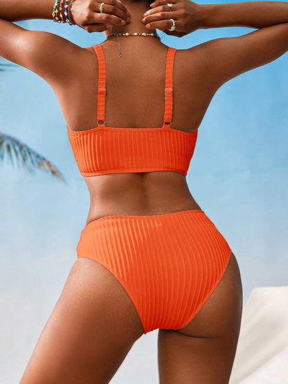 Women's V-Neck Textured Tankini Set - Ruched, Spaghetti Strap, High Waist, Multicolor