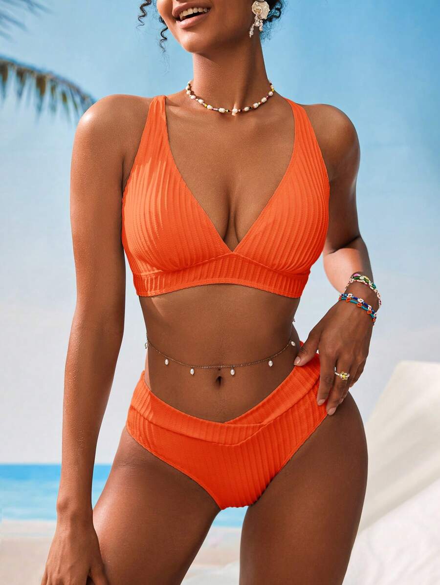 Swim Vcay Women V-Neck Textured Striped Bikini Set For Summer Beach Vacation