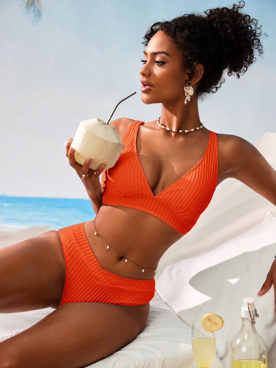 Women's V-Neck Textured Tankini Set - Ruched, Spaghetti Strap, High Waist, Multicolor