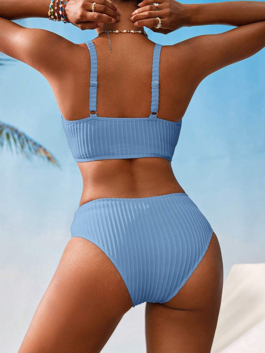 Women's V-Neck Textured Tankini Set - Ruched, Spaghetti Strap, High Waist, Multicolor