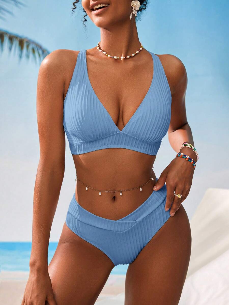Swim Vcay Women V-Neck Textured Striped Bikini Set For Summer Beach Vacation