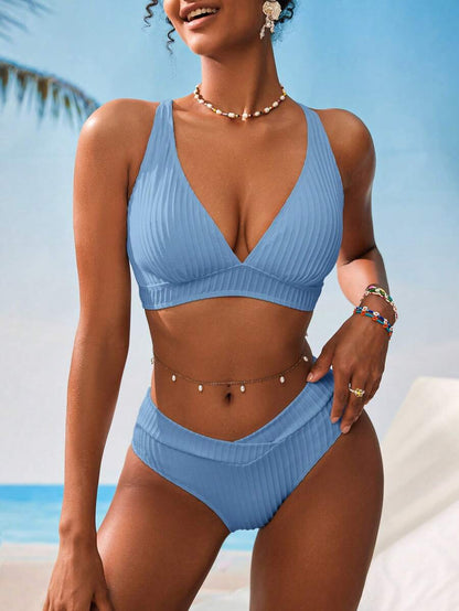 Women's V-Neck Textured Tankini Set - Ruched, Spaghetti Strap, High Waist, Multicolor