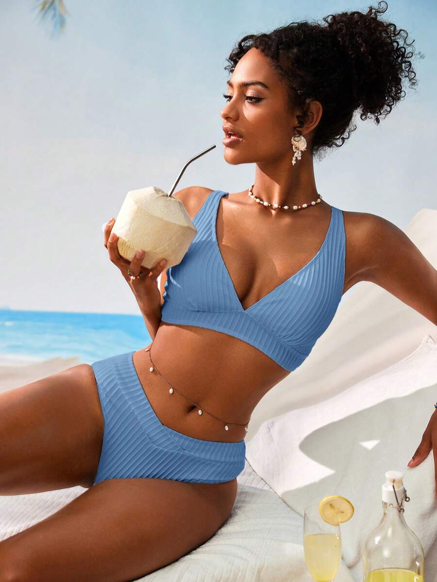 Swim Vcay Women V-Neck Textured Striped Bikini Set For Summer Beach Vacation
