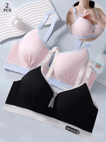 Maternity Nursing Bras 2 Piece Set, Wire-Free Front Closure Supportive Bra, Breathable High Rise Postpartum Essentials, Multicolor