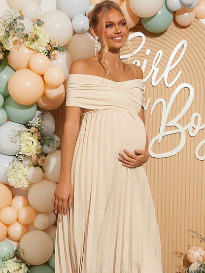 Maternity Off Shoulder Pleated Short Sleeve Dress Solid Color Slim Fit Elegant Pregnancy Gown for Baby Shower Gender Reveal Party Summer