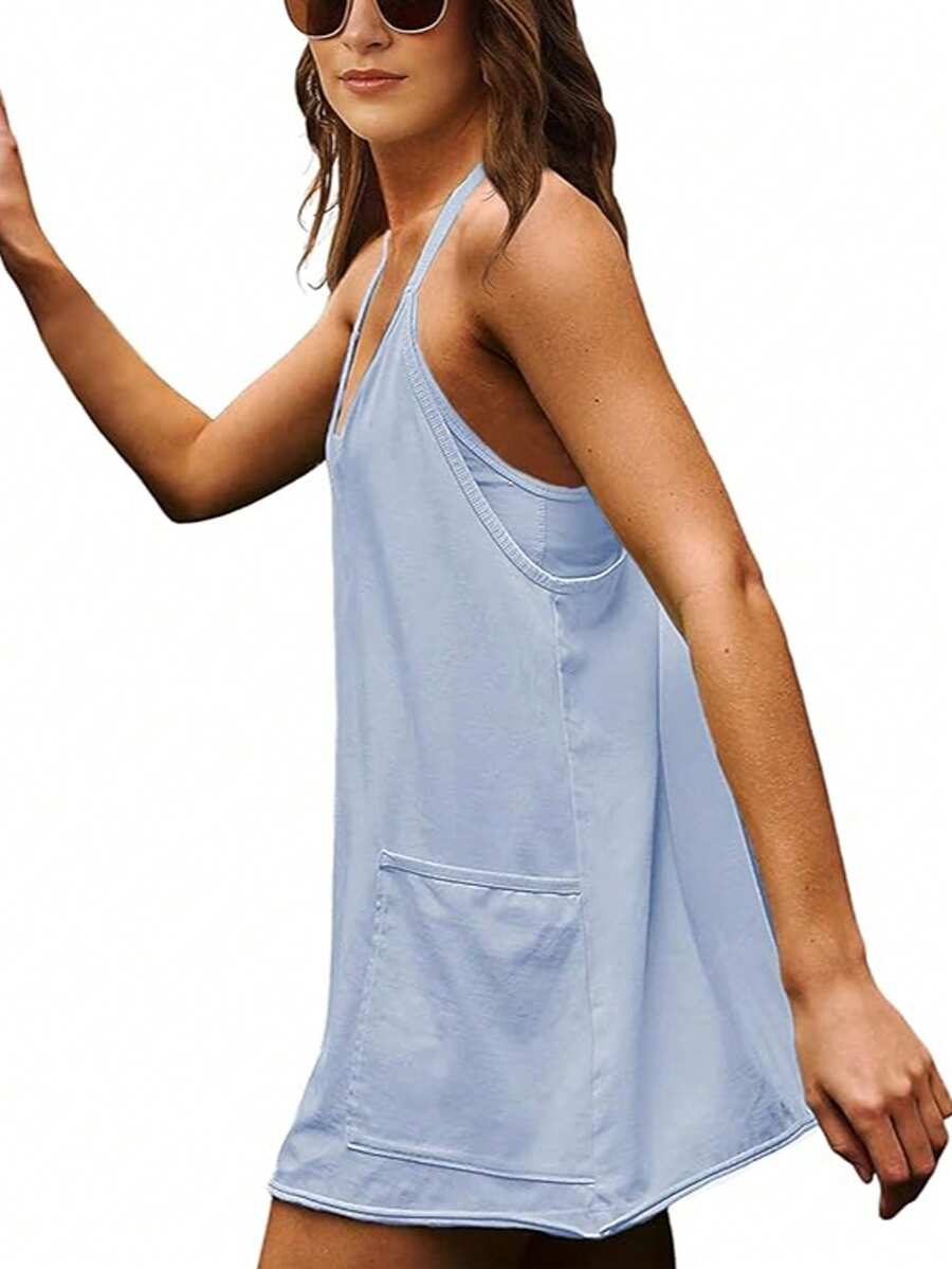 Maternity Dress Women's Workout Dress - Fitness Casual Mini Dress With Built-In Shorts, Sleeveless Style And Spaghetti Straps For Golf And Athletic Activities Maternity Clothes Khaki Dress,Fall Summer Short Dress,Fall Women Outfits,Office Wear,Work Women