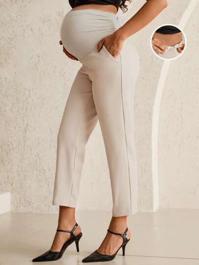 Maternity Tailored Office Pants - Adjustable Waist, Belly Support, Cropped, Khaki