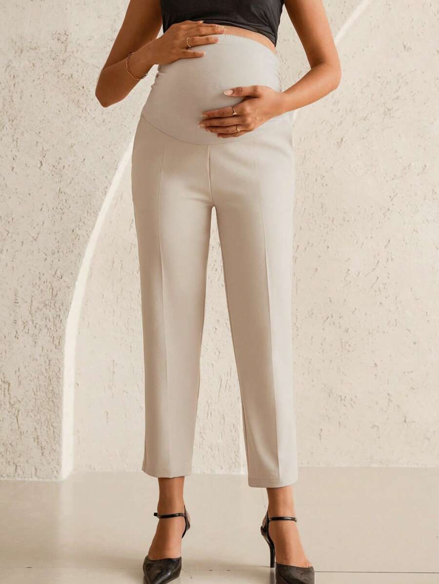 Maternity Tailored Office Pants - Adjustable Waist, Belly Support, Cropped, Khaki