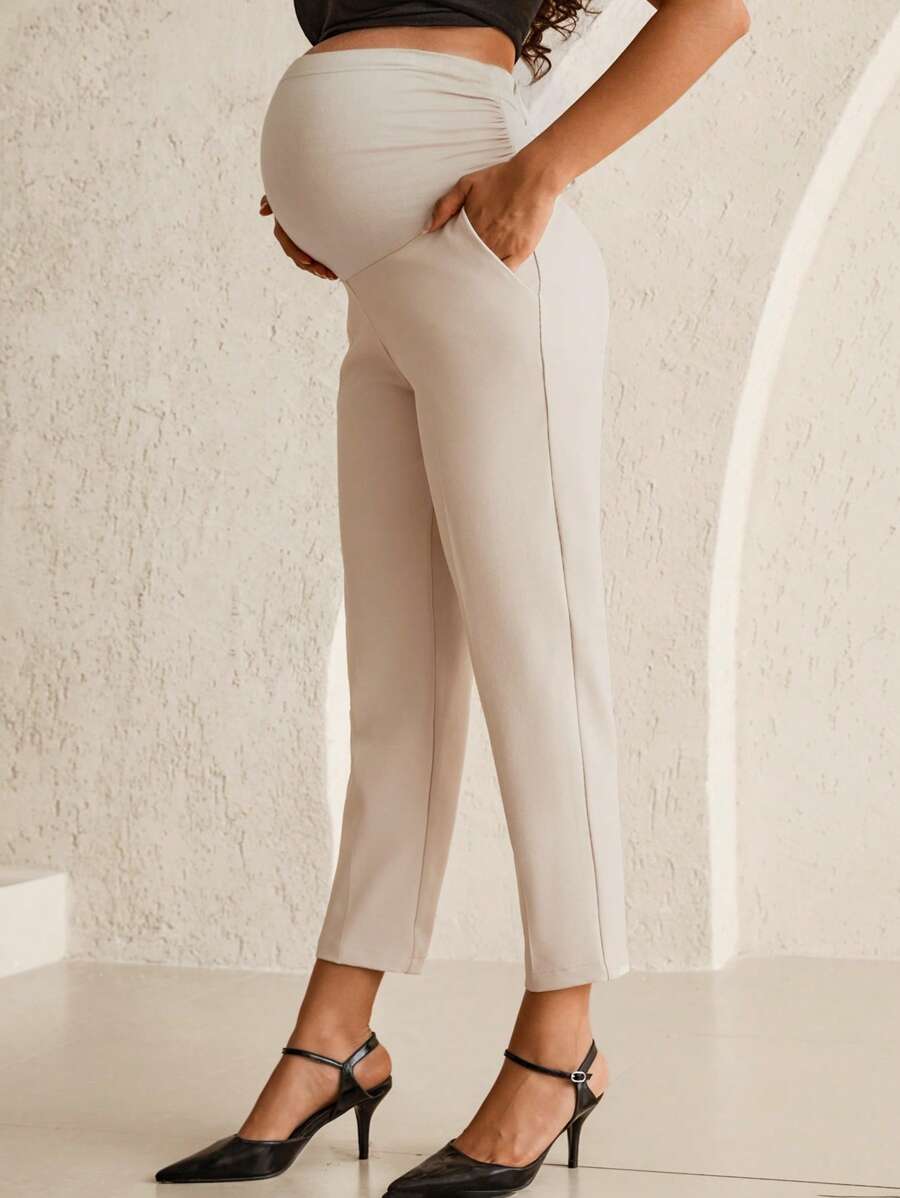 Maternity Tailored Office Pants - Adjustable Waist, Belly Support, Cropped, Khaki