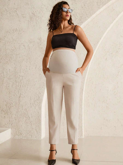 Maternity Tailored Office Pants - Adjustable Waist, Belly Support, Cropped, Khaki