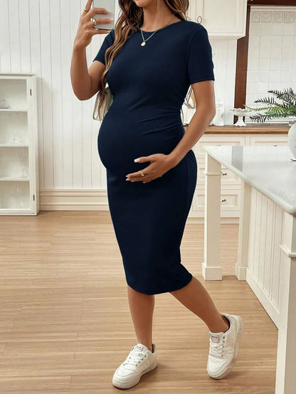 Maternity Short Sleeve Crew Neck Ruched Bodycon Dress Slim Fit Knee Length Solid Color Casual Streetwear Maternity T-Shirt Dress