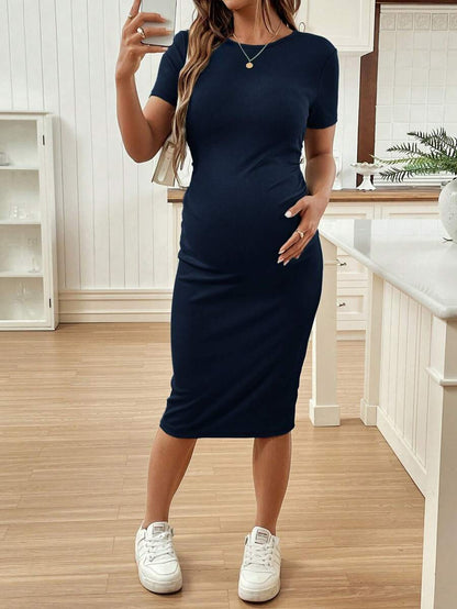 Maternity Short Sleeve Round Neck Bodycon Dress Slim Fit Ruched Knee Length Pencil Dress for Casual Street Style
