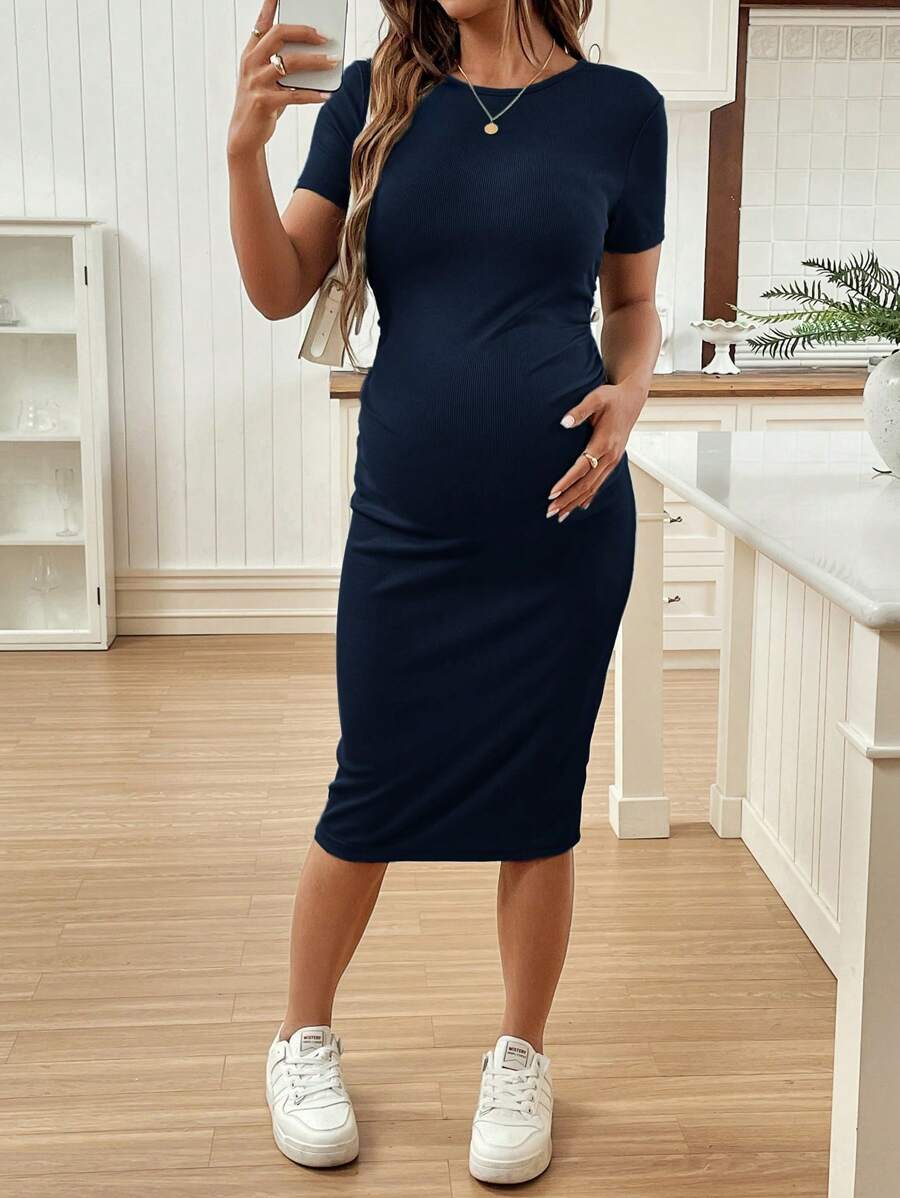 Maternity Short Sleeve Crew Neck Ruched Bodycon Dress Slim Fit Knee Length Solid Color Casual Streetwear Maternity T-Shirt Dress