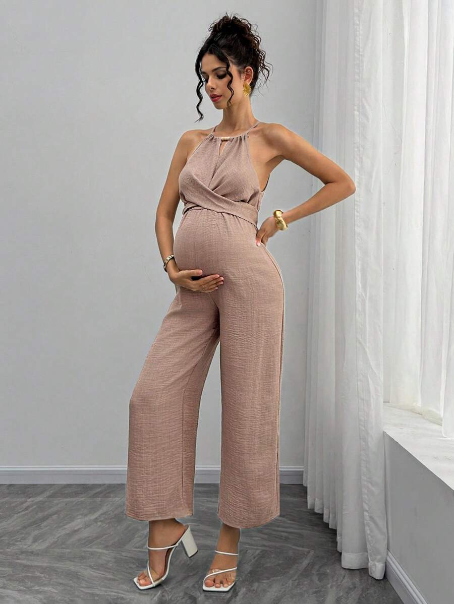 Maternity Jumpsuit With Wooden Bead Halter Neck, Tie Front Waist Bow Detail, Full Length Pants