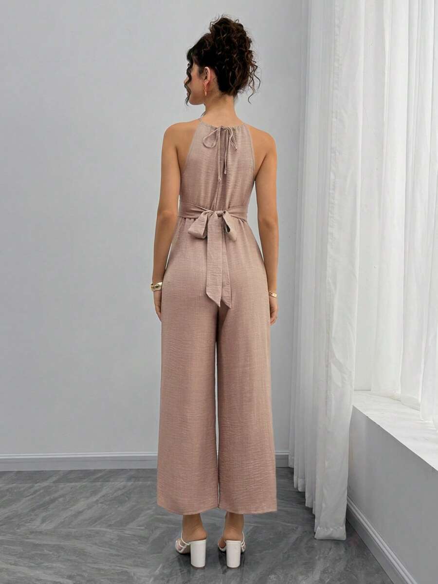 Maternity Jumpsuit With Wooden Bead Halter Neck, Tie Front Waist Bow Detail, Full Length Pants