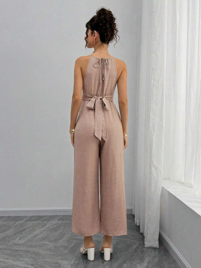 Maternity Jumpsuit With Wooden Bead Halter Neck, Tie Front Waist Bow Detail, Full Length Pants Maternity Women Pregnancy Clothes Maternity Clothes Baby Shower Guest Outfit Maternity Jumpsuits For Woman Jumpsuit For Pregnant Woman Pregnancy Outfits