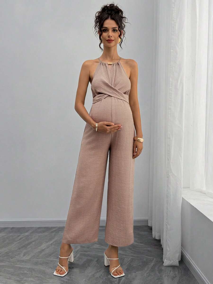 Maternity Jumpsuit With Wooden Bead Halter Neck, Tie Front Waist Bow Detail, Full Length Pants Maternity Women Pregnancy Clothes Maternity Clothes Baby Shower Guest Outfit Maternity Jumpsuits For Woman Jumpsuit For Pregnant Woman Pregnancy Outfits