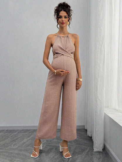 Maternity Jumpsuit With Wooden Bead Halter Neck, Tie Front Waist Bow Detail, Full Length Pants