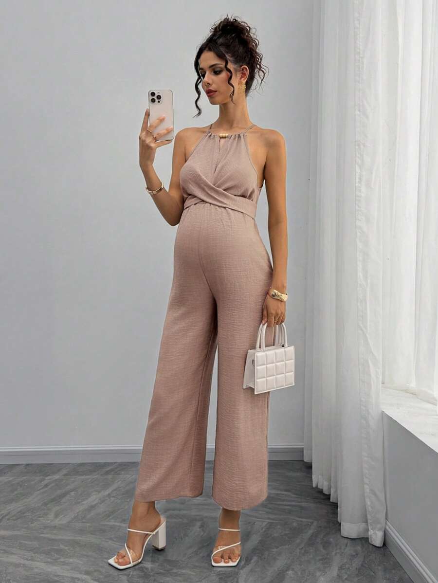 Maternity Jumpsuit With Wooden Bead Halter Neck, Tie Front Waist Bow Detail, Full Length Pants Maternity Women Pregnancy Clothes Maternity Clothes Baby Shower Guest Outfit Maternity Jumpsuits For Woman Jumpsuit For Pregnant Woman Pregnancy Outfits