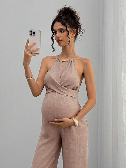 Maternity Jumpsuit With Wooden Bead Halter Neck, Tie Front Waist Bow Detail, Full Length Pants Maternity Women Pregnancy Clothes Maternity Clothes Baby Shower Guest Outfit Maternity Jumpsuits For Woman Jumpsuit For Pregnant Woman Pregnancy Outfits