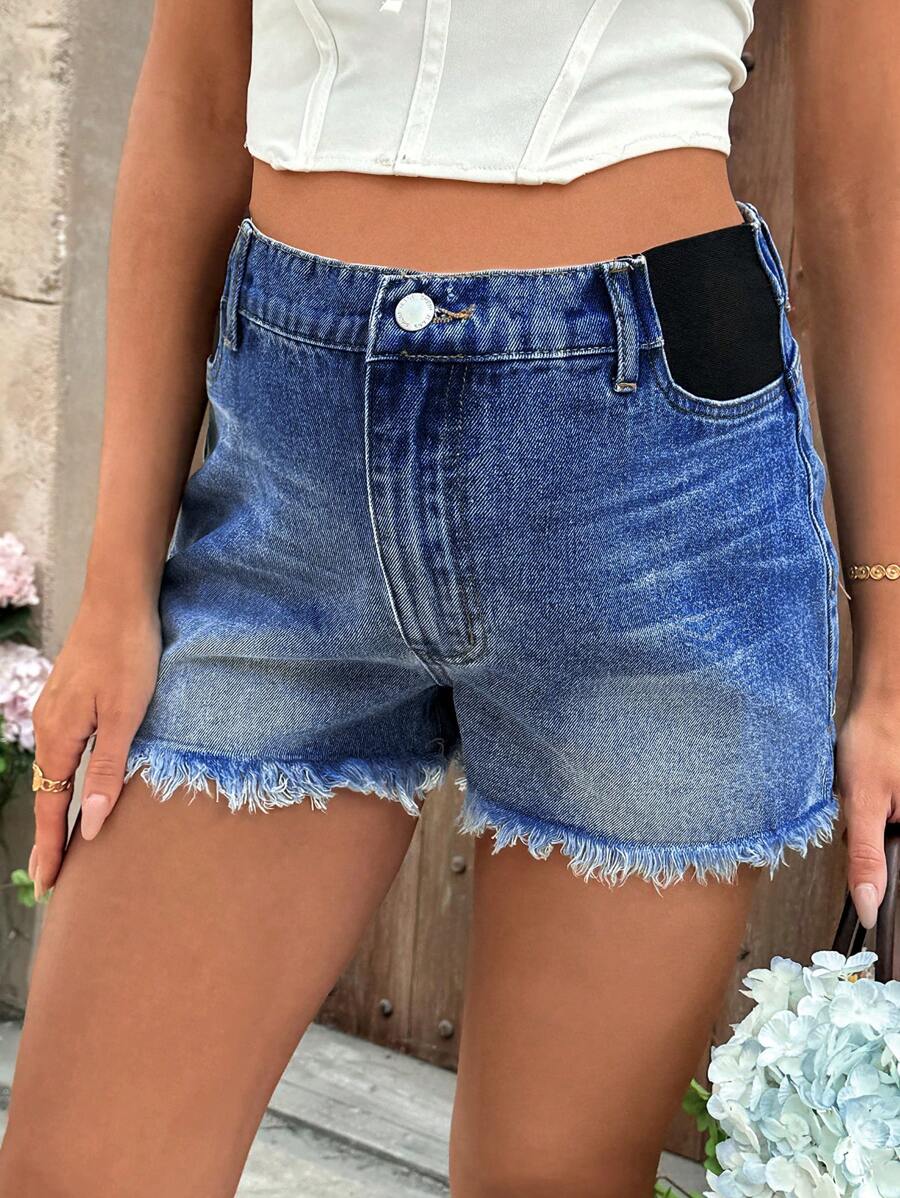 Black Maternity Denim Shorts with Frayed Hem – Casual High-Waisted Mini Shorts with Belt Loops & Zipper Fly – 67% Cotton Summer Essential