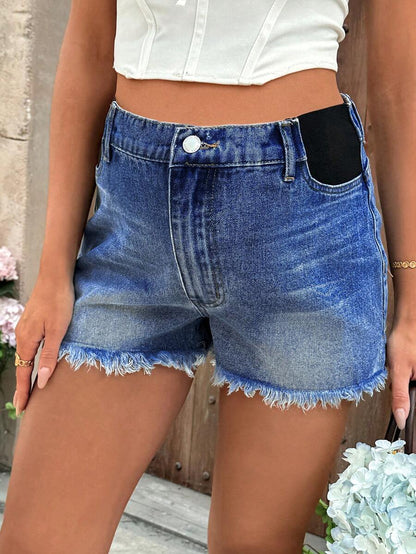 Black Maternity Denim Shorts with Frayed Hem – Casual High-Waisted Mini Shorts with Belt Loops & Zipper Fly – 67% Cotton Summer Essential