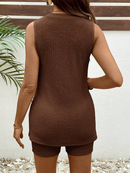 Maternity Coffee Brown Ribbed Knit Tank Top and Biker Shorts Set - Slim Fit Round Neck Casual Two Piece Lounge Set