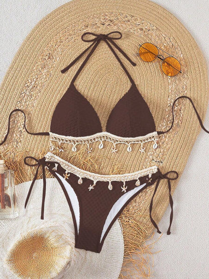 Women's 2-Piece Boho Halter Bikini Set - Shell Strap, Tie Side, Push Up, Pink