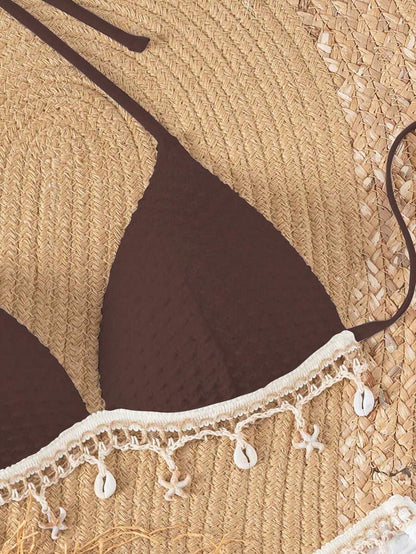 Women's 2-Piece Boho Halter Bikini Set - Shell Strap, Tie Side, Push Up, Pink