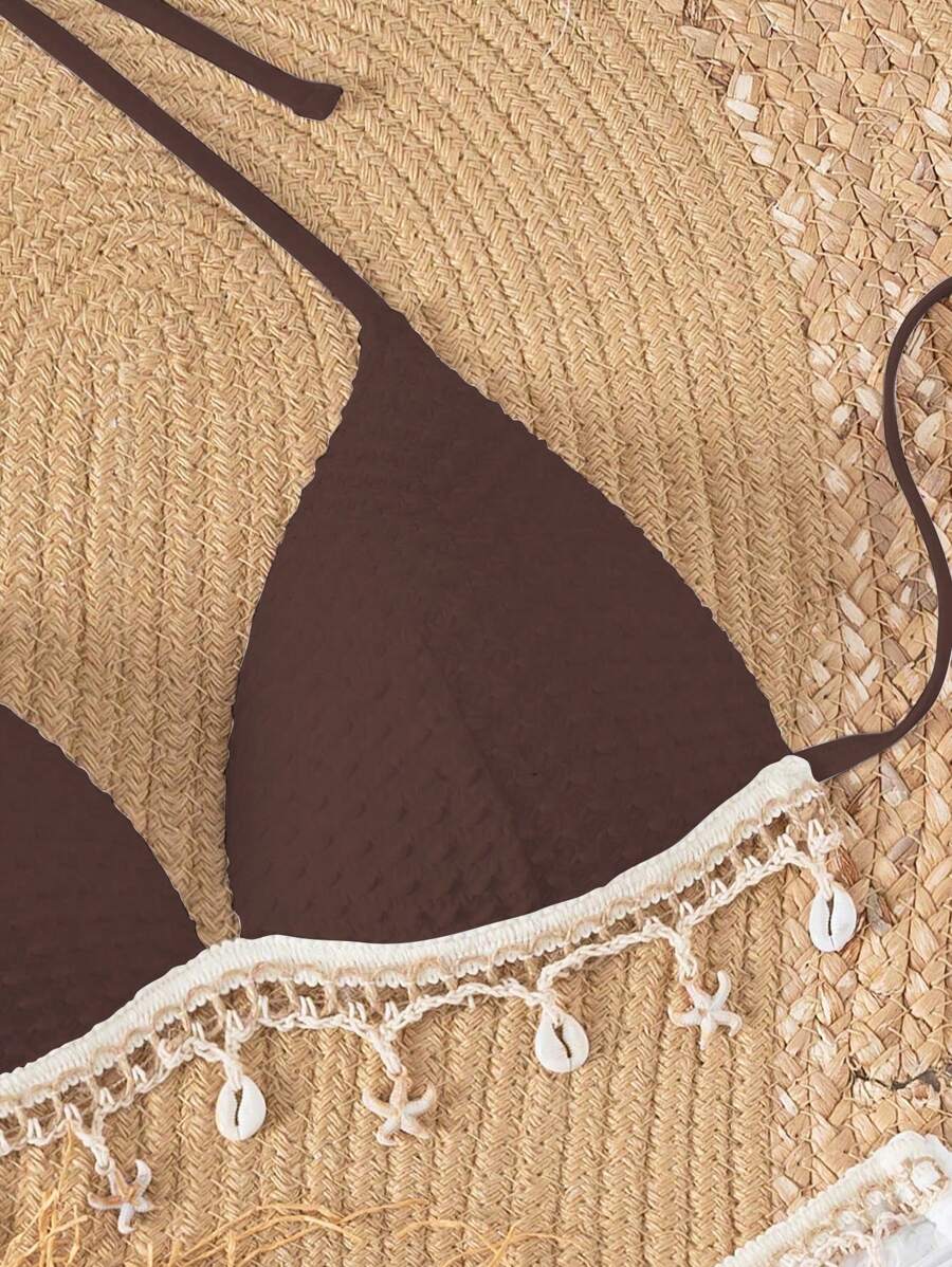 Swim Vcay Springbreak Solid Textured Fabric Shell Lanyard Decoration Halter Bikini Top & Tie-Up Triangle Bottoms, Summer Beach Party Women Bikini Set