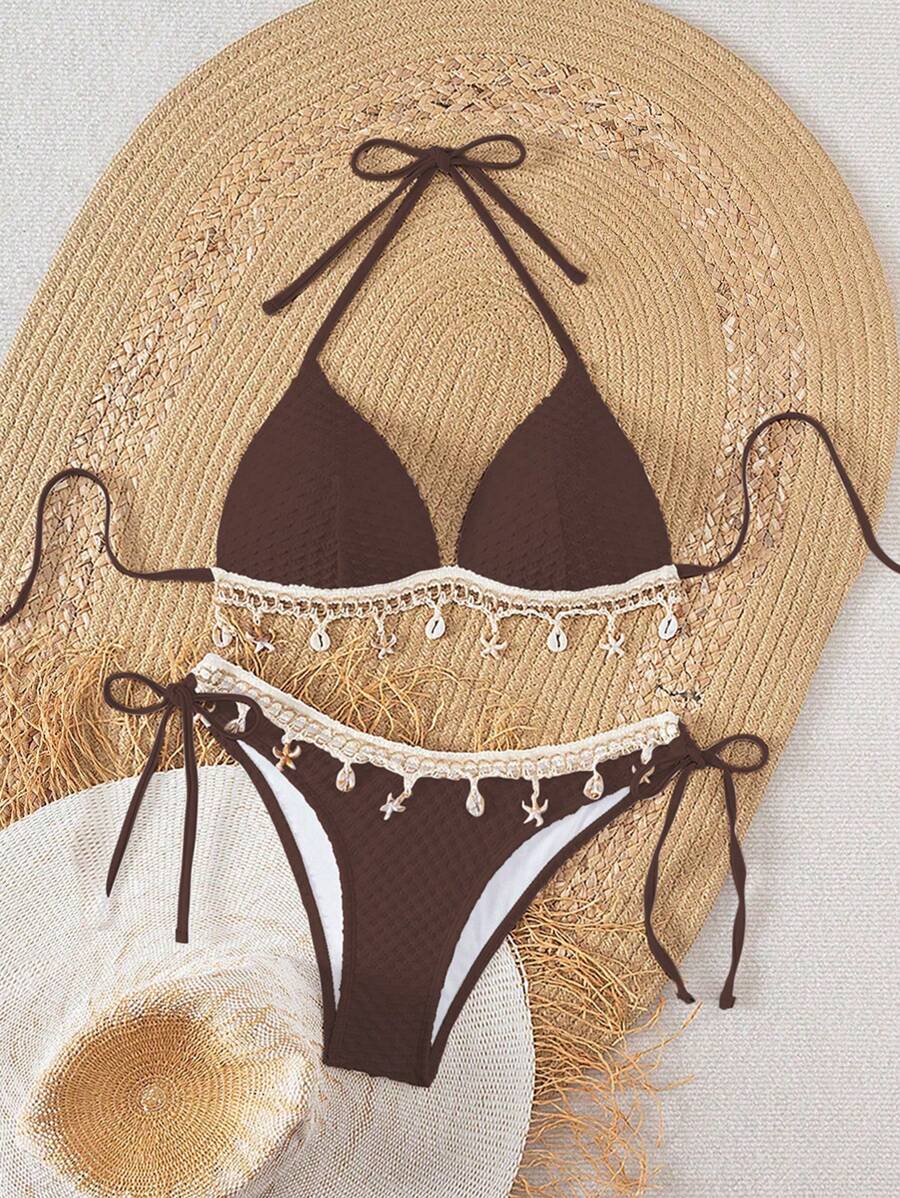Swim Vcay Springbreak Solid Textured Fabric Shell Lanyard Decoration Halter Bikini Top & Tie-Up Triangle Bottoms, Summer Beach Party Women Bikini Set