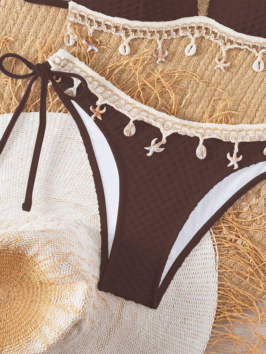 Women's 2-Piece Boho Halter Bikini Set - Shell Strap, Tie Side, Push Up, Pink