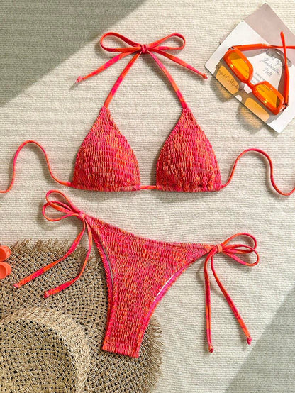 Swim Vcay Women's Ruched Tropical Print Halter Neck Tied Swimsuit And Bikini Set, Summer Beach Vacation