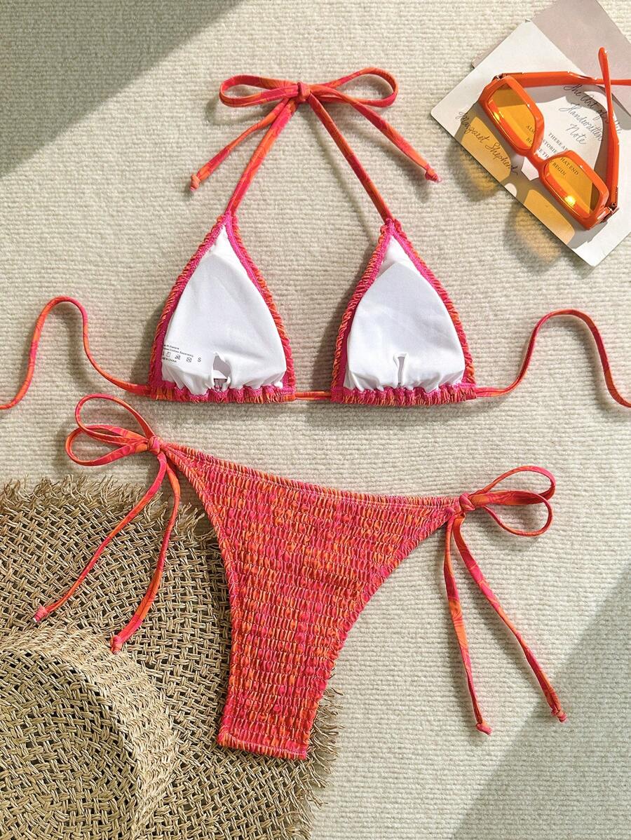 Swim Vcay Women's Ruched Tropical Print Halter Neck Tied Swimsuit And Bikini Set, Summer Beach Vacation
